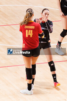 2024-10-09 - Giorgia Zannoni of Roma Volley Club and Luna Cicola of Roma Volley Club during the CEV Volleyball Challenge Cup 2025 between Roma Volley Club and OK Kelteks on 9 oct 2024 at the Palazzetto dello Sport in Rome. - CEV VOLLEYBALL CHALLENGE CUP 2025 - CHALLENGE CUP MEN - VOLLEYBALL