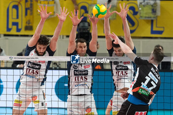2024-02-29 - Block of ITAS Trentino with Jan Kozamernik of ITAS Trentino Volley, Kamil Rychlicki of ITAS Trentino Volley and Alessandro Michieletto of ITAS Trentino Volley during the match between ITAS Trentino Volley and Berlin Recycling Volleys, quarter of finals of CEV Men Volley Champions League 2023/2024 at Il T Quotidiano Arena on February 29, 2024, Trento, Italy. - QUARTER OF FINALS - ITAS TRENTINO VS BERLIN RECYCLING VOLLEYS - CHAMPIONS LEAGUE MEN - VOLLEYBALL