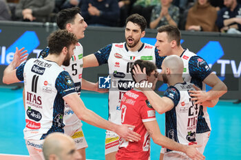 2024-02-29 - ITAS Trentino celebrates after scores a point during the match between ITAS Trentino Volley and Berlin Recycling Volleys, quarter of finals of CEV Men Volley Champions League 2023/2024 at Il T Quotidiano Arena on February 29, 2024, Trento, Italy. - QUARTER OF FINALS - ITAS TRENTINO VS BERLIN RECYCLING VOLLEYS - CHAMPIONS LEAGUE MEN - VOLLEYBALL