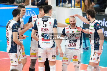 2024-02-29 - ITAS Trentino celebrates after scores a point during the match between ITAS Trentino Volley and Berlin Recycling Volleys, quarter of finals of CEV Men Volley Champions League 2023/2024 at Il T Quotidiano Arena on February 29, 2024, Trento, Italy. - QUARTER OF FINALS - ITAS TRENTINO VS BERLIN RECYCLING VOLLEYS - CHAMPIONS LEAGUE MEN - VOLLEYBALL