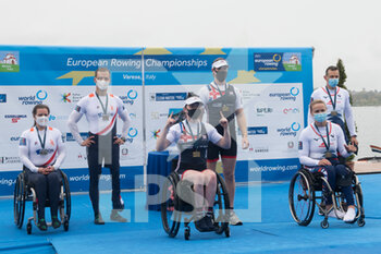 2021-04-11 - The Podium PR2 Mixed Double Sculls: Annika Van Der Meer, Marinus De Koning (NED) silver medal, Lauren Rowles, Laurence Whiteley (GBR) gold medal, Perle Bouge, Christophe Lavigne (FRA) bronze medal - CAMPIONATI EUROPEI CANOTTAGGIO 2021 - ROWING - OTHER SPORTS