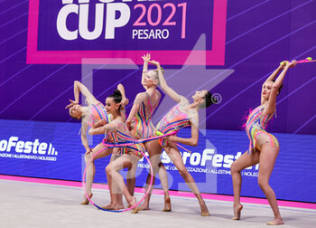 2021-05-29 - Spain group team during the Rhythmic Gymnastics FIG World Cup 2021 Pesaro at Vitrifrigo Arena, Pesaro, Italy on May 29, 2021 - Photo FCI / Fabrizio Carabelli - RHYTHMIC GYMNASTICS WORLD CUP 2021 - GYMNASTICS - OTHER SPORTS