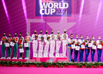 2021-05-29 - Award ceremony group Russian group team, Bulgaria group team and Belarus group team uring the Rhythmic Gymnastics FIG World Cup 2021 Pesaro at Vitrifrigo Arena, Pesaro, Italy on May 29, 2021 - Photo FCI / Fabrizio Carabelli - RHYTHMIC GYMNASTICS WORLD CUP 2021 - GYMNASTICS - OTHER SPORTS