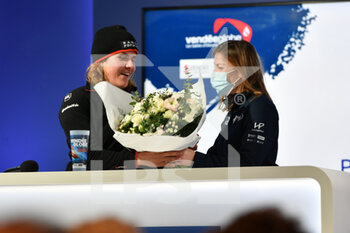 2021-02-01 - Clarisse Cremer (fra) press conference congratulated by Laura Le Goff general manager of VendÃ©e Globe 2020-2021, after finishing first woman and in 87 days 2 hours during the arrival of the 2020-2021 VendÃ©e Globe, 9th edition of the solo non-stop round the world yacht race, on February 3rd 2021 in Les Sables-d'Olonne, France - Photo Christophe Favreau / DPPI - ARRIVAL OF THE 2020-2021 VENDéE GLOBE, 9TH EDITION OF THE SOLO NON-STOP ROUND THE WORLD YACHT RACE - SAILING - OTHER SPORTS