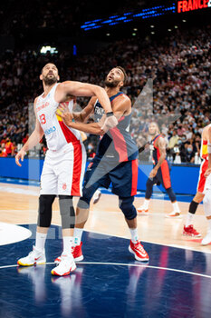 2021-07-10 - Marc Gasol of Spain and Rudy Gobert of France fight for the ball during the International Men's Friendly Basketball match between France and Spain on July 10, 2021 at AccorHotels Arena in Paris, France - Photo Melanie Laurent / A2M Sport Consulting / DPPI - INTERNATIONAL MEN'S FRIENDLY  MATCH - FRANCE VS SPAIN - FRIENDLY MATCH - BASKETBALL
