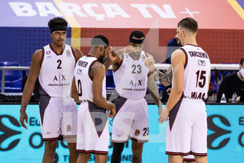 2020-12-11 - Malcolm Delaney, Zach LeDay, Kevin Punter and Kaleb Tarczewski of AX Armani Exchange Milan gestures during the Turkish Airlines EuroLeague basketball match between Fc Barcelona and AX Armani Exchange Milan on December 11, 2020 at Palau Blaugrana in Barcelona, Spain - Photo Javier Borrego / Spain DPPI / DPPI - FC BARCELONA VS AX ARMANI EXCHANGE MILAN - EUROLEAGUE - BASKETBALL