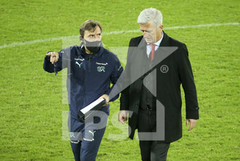 2020-11-11 - Coach of Switzerland Vladimir Petkovic and his assistant coach Antonio Manicone (left) during the international friendly football match between Belgium and Switzerland on November 11, 2020 at King Power at Den Dreef Stadion in Leuven, Louvain, Belgium - Photo Jean Catuffe / DPPI - FRIENDLY FOOTBALL MATCH BETWEEN BELGIUM AND SWITZERLAND - FRIENDLY MATCH - SOCCER