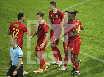 2020-11-11 - Michy Batshuayi of Belgium (right) celebrates his first goal with teammates during the international friendly football match between Belgium and Switzerland on November 11, 2020 at King Power at Den Dreef Stadion in Leuven, Louvain, Belgium - Photo Jean Catuffe / DPPI - FRIENDLY FOOTBALL MATCH BETWEEN BELGIUM AND SWITZERLAND - FRIENDLY MATCH - SOCCER