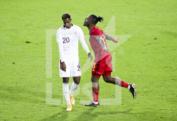 2020-11-11 - Michy Batshuayi of Belgium celebrates his second goal while Edimilson Fernandes of Switzerland looks dejected during the international friendly football match between Belgium and Switzerland on November 11, 2020 at King Power at Den Dreef Stadion in Leuven, Louvain, Belgium - Photo Jean Catuffe / DPPI - FRIENDLY FOOTBALL MATCH BETWEEN BELGIUM AND SWITZERLAND - FRIENDLY MATCH - SOCCER