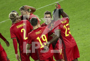 2020-11-11 - Michy Batshuayi of Belgium (#23) celebrates his second goal with Thorgan Hazard and teammates during the international friendly football match between Belgium and Switzerland on November 11, 2020 at King Power at Den Dreef Stadion in Leuven, Louvain, Belgium - Photo Jean Catuffe / DPPI - FRIENDLY FOOTBALL MATCH BETWEEN BELGIUM AND SWITZERLAND - FRIENDLY MATCH - SOCCER
