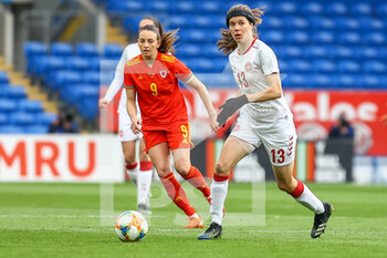 2021-04-13 - Denmark Sofie?Junge (13) under pressure from Wales Kayleigh Green (9) during the International Women's Friendly football match between Wales and Denmark on April 13, 2021 at the Cardiff City Stadium in Cardiff, Wales - Photo Dan Minto / ProSportsImages / DPPI - AMICHEVOLE FEMMINILE 2021 - GALLES VS DANIMARCA - FRIENDLY MATCH - SOCCER