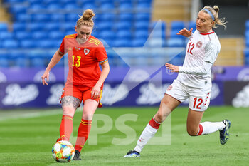2021-04-13 - Wales Rachel Rowe (13) under pressure from Denmark Stine Larsen (12) during the International Women's Friendly football match between Wales and Denmark on April 13, 2021 at the Cardiff City Stadium in Cardiff, Wales - Photo Dan Minto / ProSportsImages / DPPI - AMICHEVOLE FEMMINILE 2021 - GALLES VS DANIMARCA - FRIENDLY MATCH - SOCCER