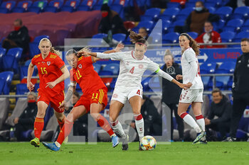 2021-04-13 - Wales Natasha Harding (11) under pressure from Denmark Rikke?Sevecke (4) during the International Women's Friendly football match between Wales and Denmark on April 13, 2021 at the Cardiff City Stadium in Cardiff, Wales - Photo Dan Minto / ProSportsImages / DPPI - AMICHEVOLE FEMMINILE 2021 - GALLES VS DANIMARCA - FRIENDLY MATCH - SOCCER