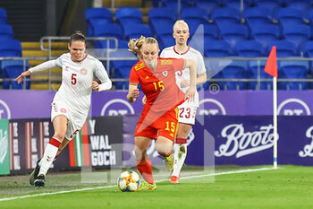 2021-04-13 - Wales Elise Hughes (15) battles with Denmark Simone Boye (5) during the International Women's Friendly football match between Wales and Denmark on April 13, 2021 at the Cardiff City Stadium in Cardiff, Wales - Photo Dan Minto / ProSportsImages / DPPI - AMICHEVOLE FEMMINILE 2021 - GALLES VS DANIMARCA - FRIENDLY MATCH - SOCCER