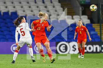 2021-04-13 - Denmark Simone Boye (5) battles with Wales Elise Hughes (15) during the International Women's Friendly football match between Wales and Denmark on April 13, 2021 at the Cardiff City Stadium in Cardiff, Wales - Photo Dan Minto / ProSportsImages / DPPI - AMICHEVOLE FEMMINILE 2021 - GALLES VS DANIMARCA - FRIENDLY MATCH - SOCCER