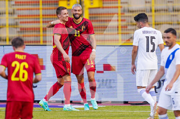 2021-06-03 - Thorgan Hazard of Belgium celebrates after scoring his sides first goal with Yannick Carrasco during the International Friendly football match between Belgium and Greece on June 3, 2021 at King Baudouin Stadium in Brussel, Belgium - Photo Jeroen Meuwsen / Orange Pictures / DPPI - 2021 FRIENDLY FOOTBALL MATCH BETWEEN BELGIUM AND GREECE  - FRIENDLY MATCH - SOCCER