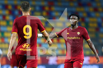 2021-07-25 - Ebrima Darboe (R) and Edin Dzeko (L) of Roma congratulate each other after 4-2 goal during the Friendly Pre-Season football match between AS Roma and Debrecen on July 25, 2021 at Stadio Benito Stirpe in Frosinone, Italy - Photo Federico Proietti / DPPI - FRIENDLY PRE-SEASON - AS ROMA AND DEBRECEN - FRIENDLY MATCH - SOCCER