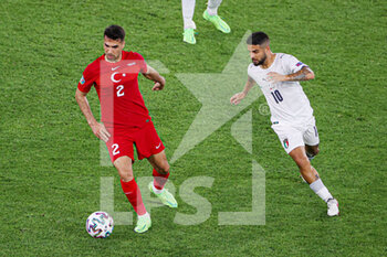 2021-06-11 - Zeki Celik of Turkey, Lorenzo Insigne of Italy during the UEFA Euro 2020, Group A, football match between Turkey and Italy on June 11, 2021 at Stadio Olimpico in Rome, Italy - Photo Orange Pictures / DPPI - UEFA EURO 2020, GROUP A, FOOTBALL MATCH - TURKEY VS ITALY - UEFA EUROPEAN - SOCCER