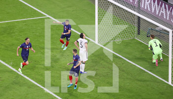 2021-06-15 - Adrien Rabiot, Kylian Mbappe, Lucas Hernandez of France celebrating after Mats Hummels of Germany scored an own goal during the UEFA Euro 2020, Group F football match between France and Germany on June 15, 2021 at Allianz Arena in Munich, Germany - Photo Jurgen Fromme / firo sportphoto / DPPI - UEFA EURO 2020, GROUP F - FRANCE VS GERMANY - UEFA EUROPEAN - SOCCER