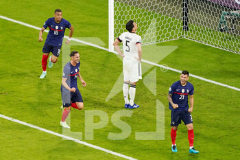 2021-06-15 - Adrien Rabiot, Kylian Mbappe, Lucas Hernandez of France celebrating after Mats Hummels of Germany scored an own goal during the UEFA Euro 2020, Group F football match between France and Germany on June 15, 2021 at Allianz Arena in Munich, Germany - Photo Andre Weening / Orange Pictures / DPPI - UEFA EURO 2020, GROUP F - FRANCE VS GERMANY - UEFA EUROPEAN - SOCCER