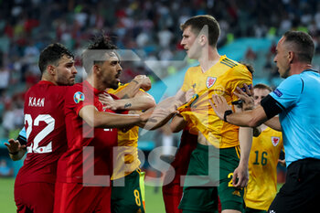 2021-06-16 - Kaan Ayhan of Turkey, Irfan Can Kahveci of Turkey and Chris Mepham of Wales during the UEFA Euro 2020, Group A football match between Turkey and Wales on June 16, 2021 at Baku Olympic Stadium in Baku, Azerbaijan - Photo Orange Pictures / DPPI - UEFA EURO 2020, GROUP A - TURKEY VS WALES - UEFA EUROPEAN - SOCCER