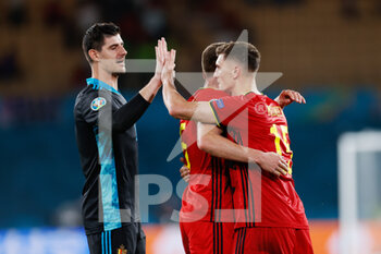 2021-06-27 - Thibaut Courtois of Belgium celebrates the victory with Thomas Meunier of Belgium at the final whistle during the UEFA EURO 2020, Round of 16 football match between Belgium and Portugal on June 27, 2021 at La Cartuja stadium in Seville, Spain - Photo Joaquin Corchero / Spain DPPI / DPPI - UEFA EURO 2020, ROUND OF 16 - BELGIUM VS PORTUGAL - UEFA EUROPEAN - SOCCER