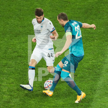 2020-10-20 - Brandon Mechele of Club Brugge and Magomed Ozdoiev of Zenit during the UEFA Champions League, Group Stage, Group F football match between Zenit and Club Brugge on October 20, 2020 at Saint Petersburg Stadium in Saint Petersburg, Russia - Photo Anatoliy Medved / Orange Pictures / DPPI - ZENIT VS CLUB BRUGGE - UEFA CHAMPIONS LEAGUE - SOCCER