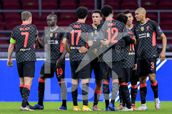 2020-10-21 - Team Liverpool celebrates the own goal of Nicolas Tagliafico of Ajax during the UEFA Champions League, Group Stage, Group D football match between Ajax and Liverpool on October 21, 2020 at Johan Cruijff ArenA in Amsterdam, Netherlands - Photo Gerrit van Keulen / Orange Pictures / DPPI - AJAX VS LIVERPOOL - UEFA CHAMPIONS LEAGUE - SOCCER