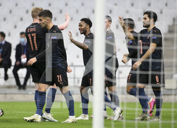 2020-10-27 - Ilkay Gundogan of Manchester City (far right) celebrates his goal with teammates during the UEFA Champions League, Group Stage, Group C football match between Olympique de Marseille and Manchester City on October 27, 2020 at Orange Velodrome stadium in Marseille, France - Photo Jean Catuffe / DPPI - OLYMPIQUE DE MARSEILLE VS MANCHESTER CITY - UEFA CHAMPIONS LEAGUE - SOCCER