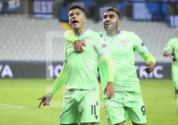 2020-10-28 - Joaquin Correa of Lazio Roma celebrates his goal with Mohamed Fares of Lazio Roma during the UEFA Champions League, Group Stage, Group F football match between Club Brugge and SS Lazio on October 28, 2020 at Jan Breydelstadion in Bruges, Belgium - Photo Jean Catuffe / DPPI - CLUB BRUGGE VS SS LAZIO - UEFA CHAMPIONS LEAGUE - SOCCER