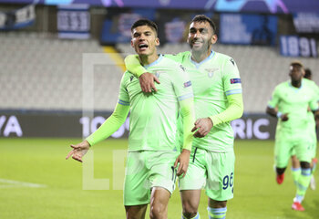 2020-10-28 - Joaquin Correa of Lazio Roma celebrates his goal with Mohamed Fares of Lazio Roma during the UEFA Champions League, Group Stage, Group F football match between Club Brugge and SS Lazio on October 28, 2020 at Jan Breydelstadion in Bruges, Belgium - Photo Jean Catuffe / DPPI - CLUB BRUGGE VS SS LAZIO - UEFA CHAMPIONS LEAGUE - SOCCER