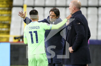 2020-10-28 - Joaquin Correa of Lazio Roma celebrates his goal with coach of Lazio Rome Simone Inzaghi during the UEFA Champions League, Group Stage, Group F football match between Club Brugge and SS Lazio on October 28, 2020 at Jan Breydelstadion in Bruges, Belgium - Photo Jean Catuffe / DPPI - CLUB BRUGGE VS SS LAZIO - UEFA CHAMPIONS LEAGUE - SOCCER