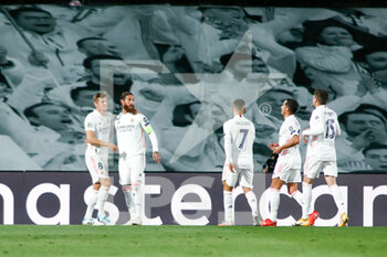 2020-11-03 - Sergio Ramos of Real Madrid celebrates after his goal during the UEFA Champions League, Group Stage, Group B football match between Real Madrid CF and FC Internazionale on November 3, 2020 at Alfredo Di Stefano stadium in Valdebebas near Madrid, Spain - Photo Oscar J Barroso / Spain DPPI / DPPI - REAL MADRID CF VS FC INTERNAZIONALE - UEFA CHAMPIONS LEAGUE - SOCCER
