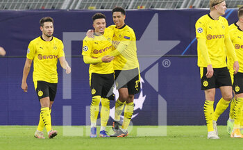 2020-11-24 - Jadon Sancho of Borussia Dortmund celebrates after his 2-0 goal with Jude Bellingham during the UEFA Champions League, Group F football match between Borussia Dortmund and Club Brugge on November 24, 2020 at Signal Iduna Park in Dortmund, Germany - Photo Ralf Ibing / firo Sportphoto / DPPI - BORUSSIA DORTMUND VS CLUB BRUGGE - UEFA CHAMPIONS LEAGUE - SOCCER