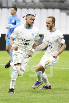 2020-12-01 - Dimitri Payet of Marseille celebrates his second goal on a penalty kick with Valere Germain during the UEFA Champions League, Group C football match between Olympique de Marseille (OM) and Olympiacos FC (Olympiakos) on December 1, 2020 at Stade Velodrome in Marseille, France - Photo Jean Catuffe / DPPI - OLYMPIQUE DE MARSEILLE VS OLYMPIACOS FC - UEFA CHAMPIONS LEAGUE - SOCCER
