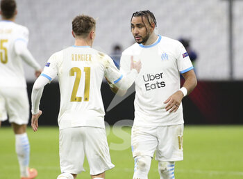 2020-12-01 - Dimitri Payet of Marseille celebrates his second goal on a penalty kick with Valentin Rongier (left) during the UEFA Champions League, Group C football match between Olympique de Marseille (OM) and Olympiacos FC (Olympiakos) on December 1, 2020 at Stade Velodrome in Marseille, France - Photo Jean Catuffe / DPPI - OLYMPIQUE DE MARSEILLE VS OLYMPIACOS FC - UEFA CHAMPIONS LEAGUE - SOCCER