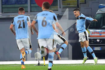 2020-12-08 - Joaquin Correa of Lazio celebrates with his teammates after scoring 1-0 goal during the UEFA Champions League, Group F football match between SS Lazio and Club Brugge KV on December 8, 2020 at Stadio Olimpico in Rome, Italy - Photo Federico Proietti / DPPI - SS LAZIO VS CLUB BRUGGE KV - UEFA CHAMPIONS LEAGUE - SOCCER