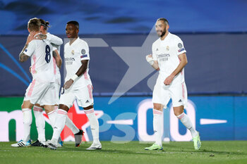 2020-12-09 - Karim Benzema of Real Madrid celebrates a goal during the UEFA Champions League, Group B football match between Real Madrid and Borussia Monchengladbach on december 9, 2020 at Ciudad Deportiva Real Madrid in Valdebebas, Madrid, Spain - Photo Oscar J Barroso / Spain DPPI / DPPI - REAL MADRID VS BORUSSIA MONCHENGLADBACH - UEFA CHAMPIONS LEAGUE - SOCCER