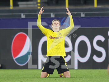 2021-03-09 - Erling Haaland of Borussia Dortmund celebrates during the UEFA Champions League, round of 16, 2nd leg football match between Borussia Dortmund and FC Sevilla on March 9, 2021 at Signal Iduna Park in Dortmund, Germany - Photo Jurgen Fromme / firo sportphoto / DPPI - BORUSSIA DORTMUND AND FC SEVILLA - UEFA CHAMPIONS LEAGUE - SOCCER