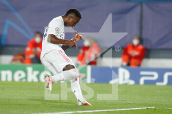 2021-04-06 - Vinicius Junior of Real Madrid celebrates a goal during the UEFA Champions League, Quarter final, 1st leg football match between Real Madrid and Liverpool FC on April 6, 2021 at Alfredo Di Stefano stadium in Valdebebas, Madrid, Spain - Photo Oscar J Barroso / Spain DPPI / DPPI - REAL MADRID AND LIVERPOOL FC - UEFA CHAMPIONS LEAGUE - SOCCER