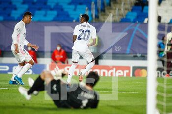 2021-04-06 - Vinicius Junior of Real Madrid celebrates a goal during the UEFA Champions League, Quarter final, 1st leg football match between Real Madrid and Liverpool FC on April 6, 2021 at Alfredo Di Stefano stadium in Valdebebas, Madrid, Spain - Photo Oscar J Barroso / Spain DPPI / DPPI - REAL MADRID AND LIVERPOOL FC - UEFA CHAMPIONS LEAGUE - SOCCER