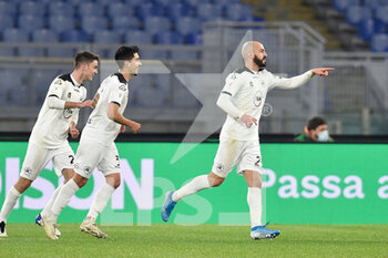 2021-01-19 - ROME, ITALY - January 19 : Riccardo Saponara (R) Spezia Celebrates after score a gol during the round eighths football Tim Cup soccer match between AS Roma and Spezia at Stadio Olimpico on January 19,2021 in Rome Italy   - AS ROMA VS SPEZIA CALCIO - ITALIAN CUP - SOCCER