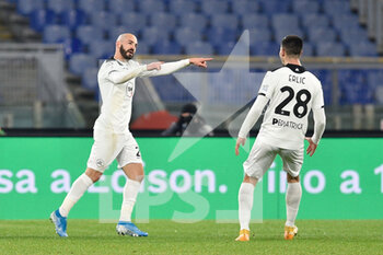 2021-01-19 - ROME, ITALY - January 19 : Riccardo Saponara (L) Spezia Celebrates after score a gol during the round eighths football Tim Cup soccer match between AS Roma and Spezia at Stadio Olimpico on January 19,2021 in Rome Italy   - AS ROMA VS SPEZIA CALCIO - ITALIAN CUP - SOCCER