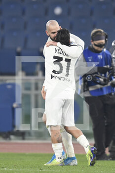 2021-01-19 -  ROME, ITALY - January 19 : Riccardo Saponara (23) at Daniele Verde (31)  of Spezia celebrates the goal during the round eighths football Tim Cup soccer match between AS Roma and Spezia Stadio Olimpico on January 19,2021 in Rome Italy - AS ROMA VS SPEZIA CALCIO - ITALIAN CUP - SOCCER