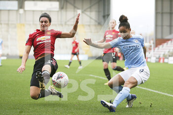 2020-11-14 - Manchester United forward Jess Sigsworth (9) blocks the cross from Manchester City defender Demi Stokes (3) during the Women's English championship, FA Women's Super League football match between Manchester United and Manchester City on November 14, 2020 at Leigh Sports Village in Leigh, England - Photo Craig Galloway / ProSportsImages / DPPI - MANCHESTER UNITED VS MANCHESTER CITY - ENGLISH FA WOMEN'S SUPER LEAGUE - SOCCER