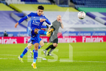 2021-02-10 - James Justin (2) of Leicester City clears the ball during the English Cup, FA Cup 5th round football match between Leicester City and Brighton and Hove Albion on February 10, 2021 at the King Power Stadium in Leicester, England - Photo Nigel Keene / ProSportsImages / DPPI - LEICESTER CITY AND BRIGHTON AND HOVE ALBION - ENGLISH LEAGUE CUP - SOCCER