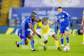 2021-02-10 - Percy Tau (22) of Brighton Hove Albion tussles with Daniel Amartey (18) of Leicester City during the English Cup, FA Cup 5th round football match between Leicester City and Brighton and Hove Albion on February 10, 2021 at the King Power Stadium in Leicester, England - Photo Nigel Keene / ProSportsImages / DPPI - LEICESTER CITY AND BRIGHTON AND HOVE ALBION - ENGLISH LEAGUE CUP - SOCCER
