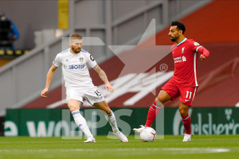 2020-09-12 - Leeds United defender Stuart Dallas (15) and Liverpool forward Mohamed Salah (11) during the English championship Premier League football match between Liverpool and Leeds United on September 12, 2020 at Anfield in Liverpool, England - Photo Simon Davies / ProSportsImages / DPPI - LIVERPOOL VS LEEDS UNITED - ENGLISH PREMIER LEAGUE - SOCCER