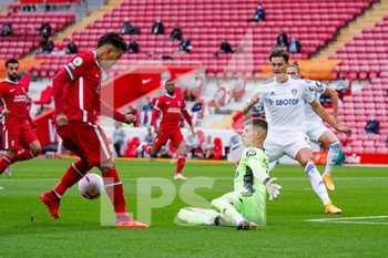 2020-09-12 - Leeds United goalkeeper Illan Meslier (1) and Leeds United defender Robin Koch (5) in action against Liverpool forward Roberto Firmino (9) during the English championship Premier League football match between Liverpool and Leeds United on September 12, 2020 at Anfield in Liverpool, England - Photo Malcolm Bryce / ProSportsImages / DPPI - LIVERPOOL VS LEEDS UNITED - ENGLISH PREMIER LEAGUE - SOCCER