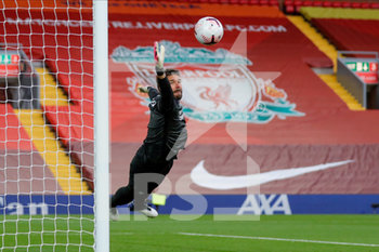 2020-09-12 - Liverpool goalkeeper Alisson Becker (1) watches as a Leeds United midfielder Kalvin Phillips (23) free kick goes just wide during the English championship Premier League football match between Liverpool and Leeds United on September 12, 2020 at Anfield in Liverpool, England - Photo Simon Davies / ProSportsImages / DPPI - LIVERPOOL VS LEEDS UNITED - ENGLISH PREMIER LEAGUE - SOCCER